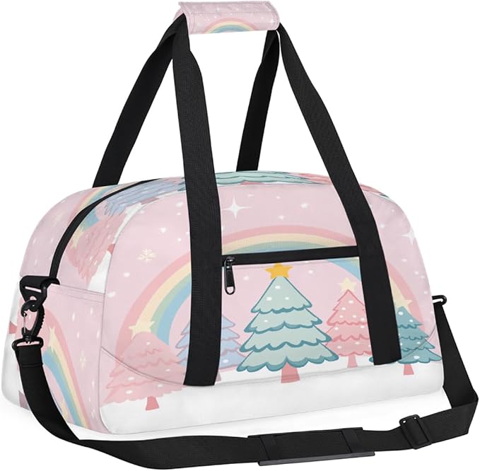 Kids Duffle Bag Girls Boys Cute Rainbow Christmas Tree On Pink Weekender Overnight Bag,Lightweight Duffel Bags for Traveling Gym Sport Dance
