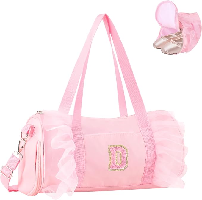 Personalized Initial Dance Bag for Girls 4-6, Small Lace Gym Sport Yoga Cheer Dance Bags Gift for Teen Girls, Cute Letter Kids Ballet Bag Toddler Travel Duffel Tote with Adjustable Straps(Pink-D)