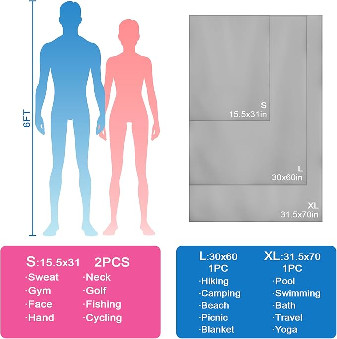 Camping Towel XL Size Microfiber Quick Dry for Men Women Hiking Beach Swimming Pool Travel Body Hot Yoga Mat Towels(Light Grey, 1 Pack XL)