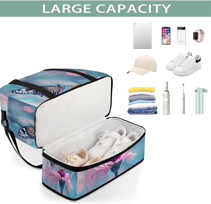 Pink Flower Butterfly Large Weekender Bag with Shoe Compartment Travel Duffel Bags for Women Carry On Hospital Overnight Bag Foldable Personal Item Travel Bags Tote Gym Sports Airplanes
