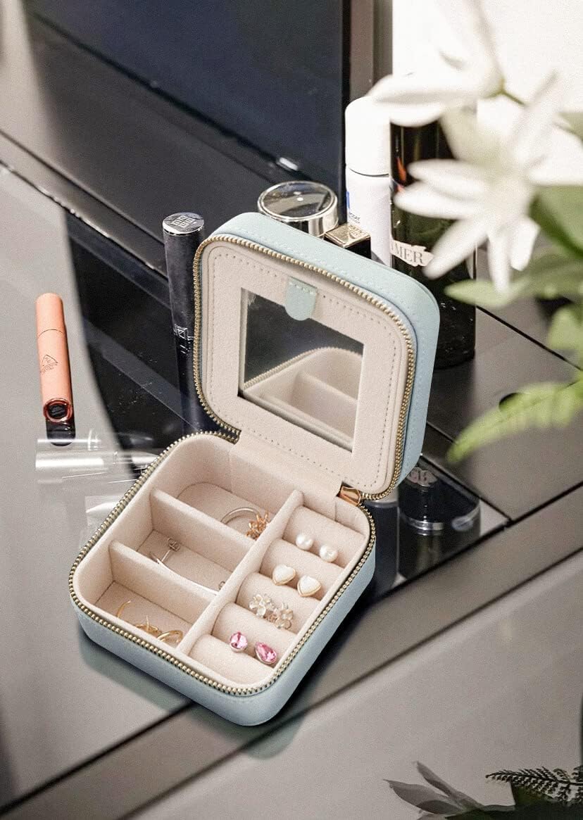 S.Leaf Travel Jewelry Organizer Travel Jewelry Boxes for Women Small Jewelry Travel Case Box Portable Travel Jewelry Case Travel Case Mini Jewelry (02_Lychee_Haze_Blue)