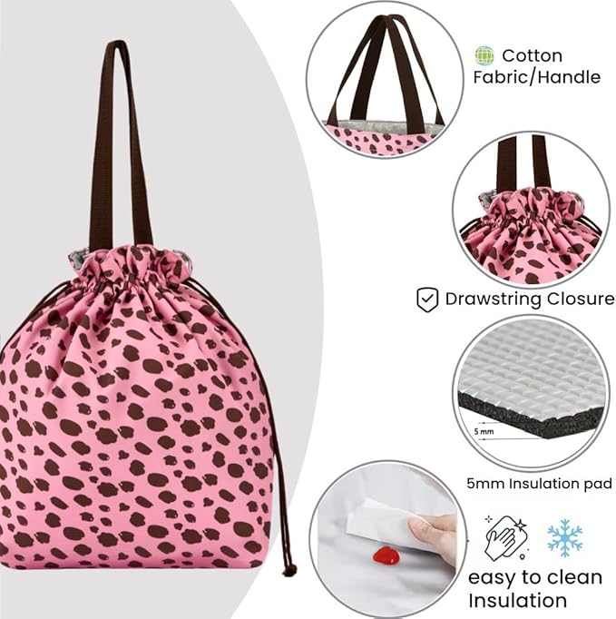 Reusable Small Lunch Bag,Drawstring Lunch Bag,Insulated Handbag Tote bag with Handle (Pink Leopard Print)
