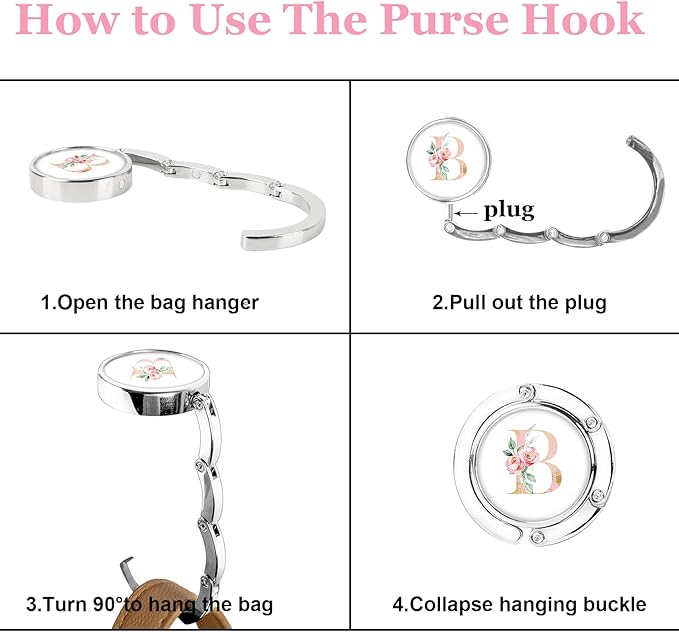 XSUIOY 3Pcs Personalized Initial Foldable Purse Hook for Table,Crushed Flower Letters Folding Purse Hanger,Purse Holder Handbag Hanger Collection Desk Table Bag Hooks Gifts for Women Bag(Pink-C)