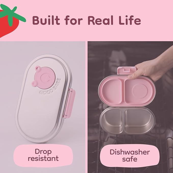 Good Bare Stainless Steel Snack Container for Kids – 2 Compartment Metal Bento Box, Leakproof, Non-Toxic, Easy-Open Latch, Dishwasher Safe, Small Snack Pack, Perfect for On-the-Go (Sweet Pink)