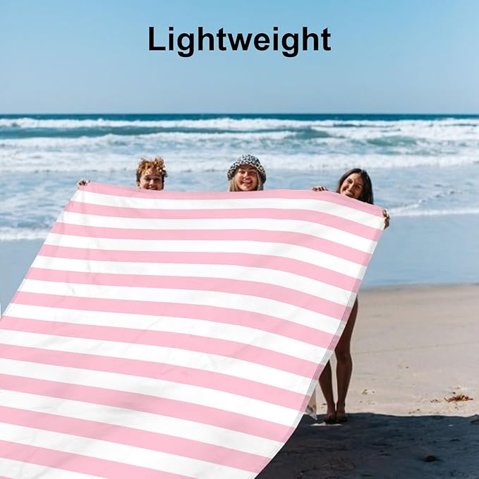 BEW Pink Stripe Beach Blanket Sandproof Waterproof, Extra Large 78''×86'' Beach Mat for 1-4 Adults with Stakes and Sand Pocket, Compact Lightweight Sand Free Picnic Mat Beach Essential