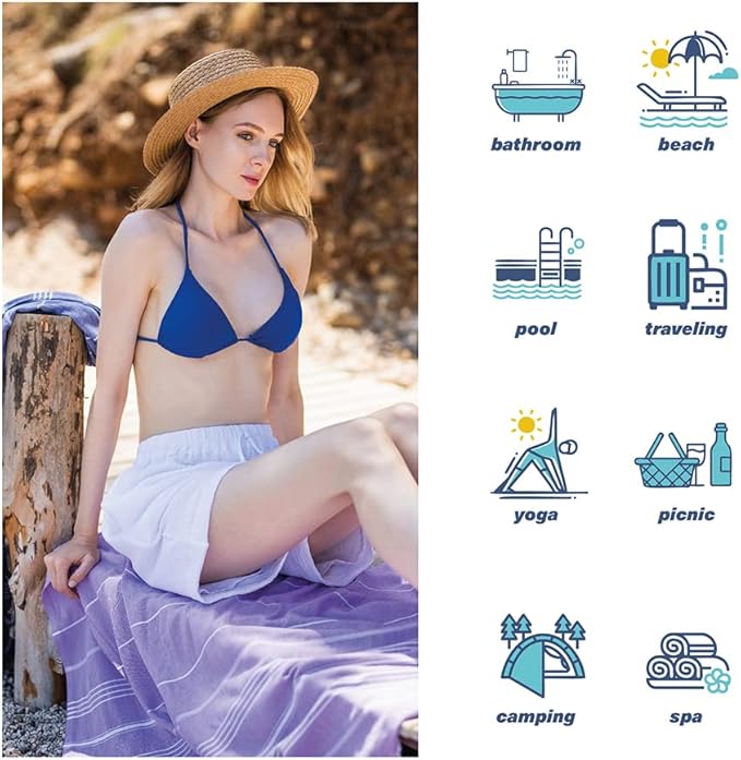 Hencely Turkish Beach Towel 37x68 Oversized, Sand-Free, Quick-Dry, Lightweight - Travel Essential for Pool & Bath - Striped 100% Cotton Bathroom Towels Accessories Gift (Lilac)