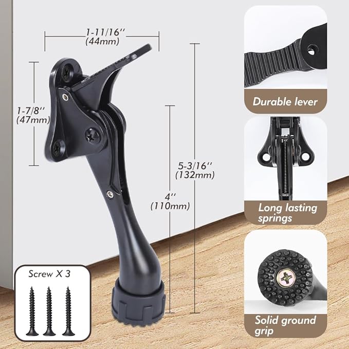 Kickdown Door Stopper 4 Inches - 2 Packs One Touch Adjustable Height Door Stop for The Bottom of Door The Bottom of Door Aluminum Alloy Metal Door Stopper with Rubber Tip Black
