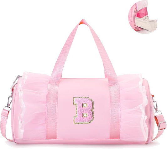 Personalized Dance Bag for Girl | Small Initial Gym Sport Yoga Cheer Duffle Bags Gift for Teen Girls | Chenille Letter Kids Ballet Bag Preppy Stuff Toddler Girl Birthday Gift (Pink B, SMALL)
