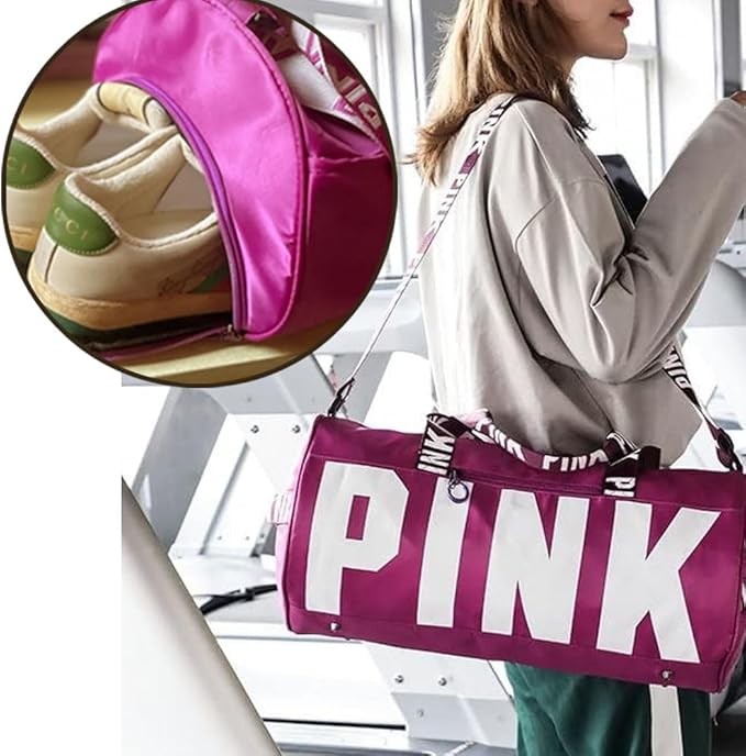 Sports Gym Bag Large Capacity Travel Duffel Bag Sport Shoes Bag with Wet Pocket Compartment for Men and Women Lightweight Multiple Colors PINK Logo (PURPLE)