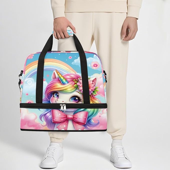 Rainbow Cute Animal Unicorn Large Weekender Bag with Shoe Compartment Travel Duffel Bags for Women Carry On Hospital Overnight Bag Foldable Personal Item Travel Bags Tote Gym Sports Airplanes