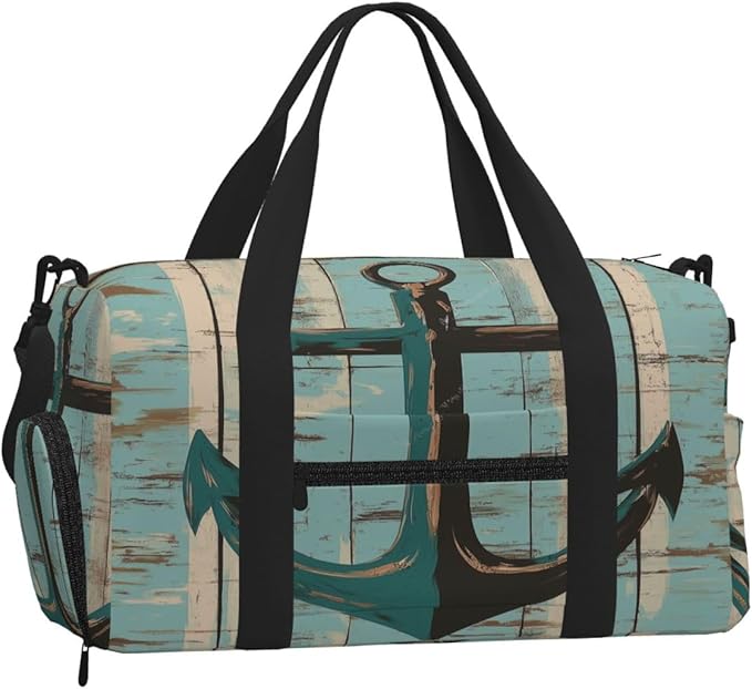 Sports Gym Bag Teal Green Wooden Board Anchor Travel Duffel Bag With Shoe Compartment Shoulder Strap, Lightweight Water-Resistant Weekend Overnight Totes For Women Men