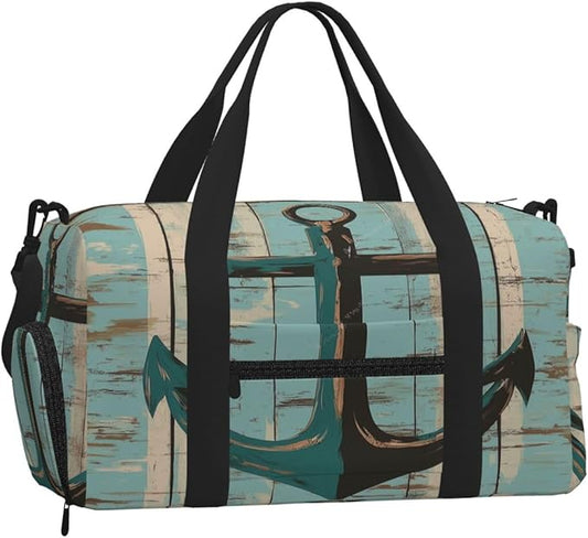 Sports Gym Bag Teal Green Wooden Board Anchor Travel Duffel Bag With Shoe Compartment Shoulder Strap, Lightweight Water-Resistant Weekend Overnight Totes For Women Men