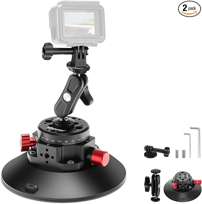 NEEWER 6" Suction Cup Camera Mount with Ball Head Magic Arm, 2 Pack Metal Car Mount for Camera/Action Camera/Phone, Air Pump Vacuum on Car or Window Glass with 1/4" 3/8" ARRI Mounting Holes, CA013