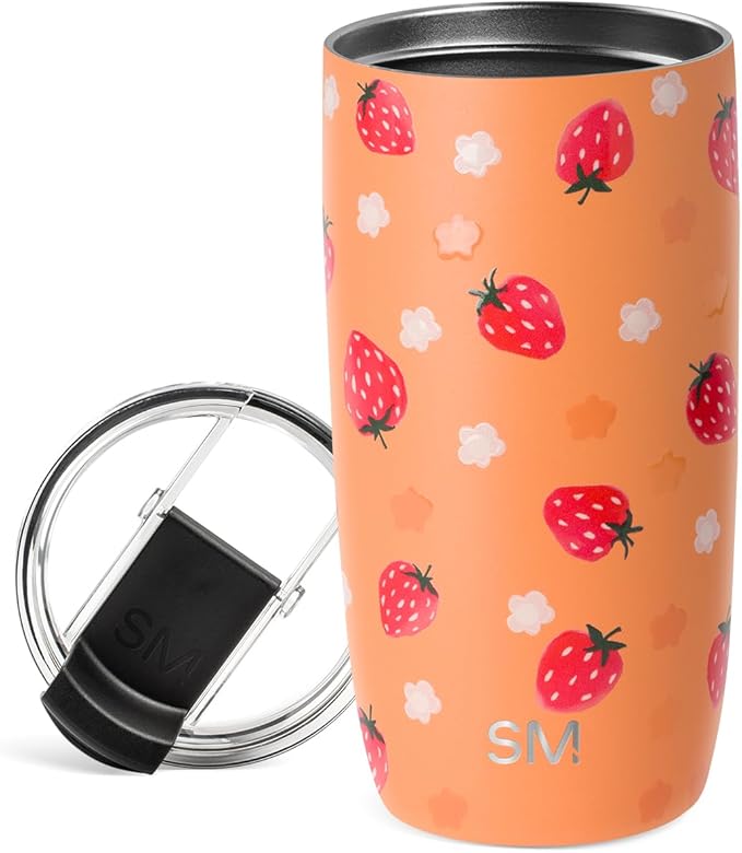 Simple Modern Travel Coffee Mug Tumbler with Flip Lid | Reusable Insulated Stainless Steel Cold Brew Iced Coffee Cup Thermos | Gifts for Women Men Her | Voyager Collection | 16oz | Strawberry Fields