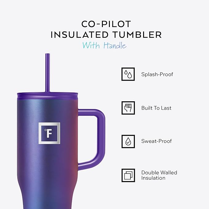 IRON °FLASK Co-Pilot Insulated Mug w/Straw & Flip Cap Lids - Cup Holder Bottle for Hot, Cold Drink - Leak-Proof - Water, Coffee Portable Travel Mug - Burgundy, 32 Oz