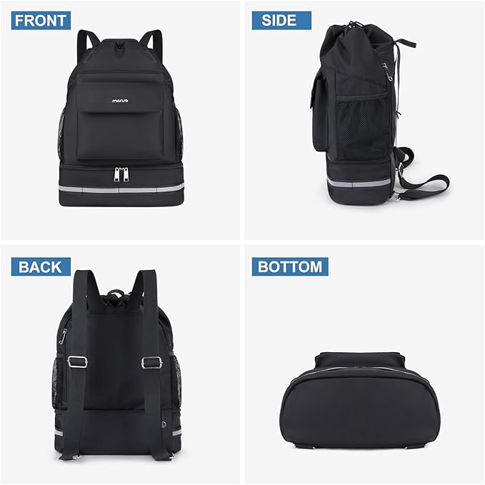 MOSISO Gym Bag for Women Men, Sports Drawstring Backpack with Shoes Compartmentt&Front Pocket, Travel Duffle Fitness Bag for Travel, Sports, Yoga, Black