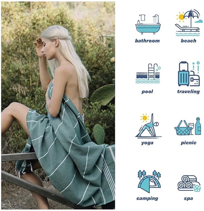 Hencely Turkish Beach Towel 37x68 Oversized, Sand-Free, Quick-Dry, Lightweight - Travel Essential for Pool & Bath - Striped 100% Cotton Bathroom Towels Accessories Gift (Petrol Green)