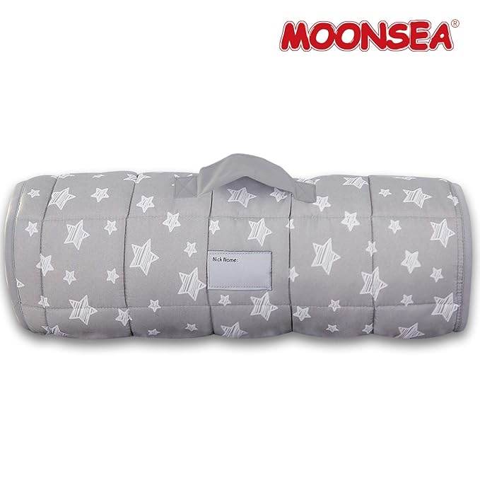 Moonsea Toddler Nap Mat with Pillow and Fleece Minky Blanket Grey, Lightweight and Soft Perfect for Toddlers Preschool, Daycare, Travel Sleeping Bag for Girls, 21" x 50" Fit on a Standard Cot