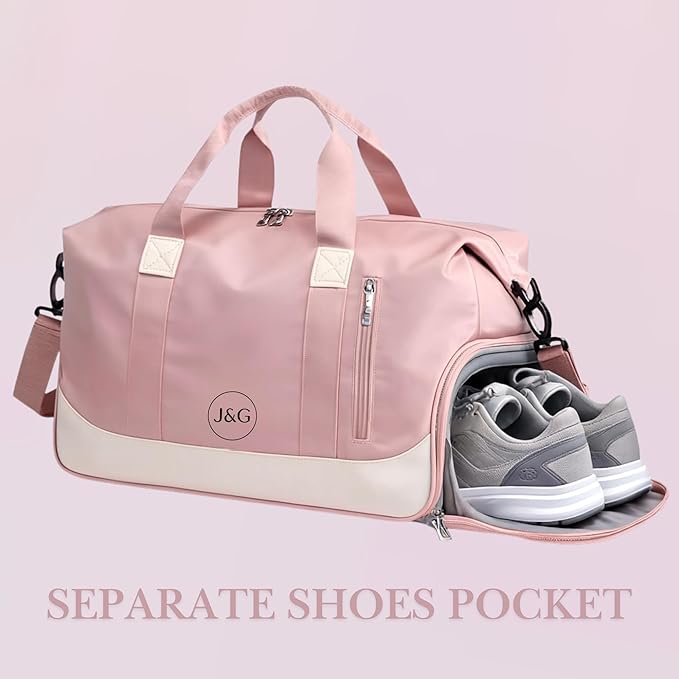 J&G Waterproof Gym Duffel Bag – Lightweight Travel & Sports Bag with Shoe Compartment and Wet Pocket for Men & Women – Carry-On Weekender for Gym, Beach, Trips – 8 Colors (Light Pink)