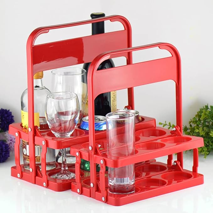Portable Plastic Drink Carrier,Reusable Red Beer Bottle Coffee Cup Holder,Tea Bottle Drink Caddy for Delivery,6 Holes Cup Holders with Handle for Catering Restaurant Travel Car
