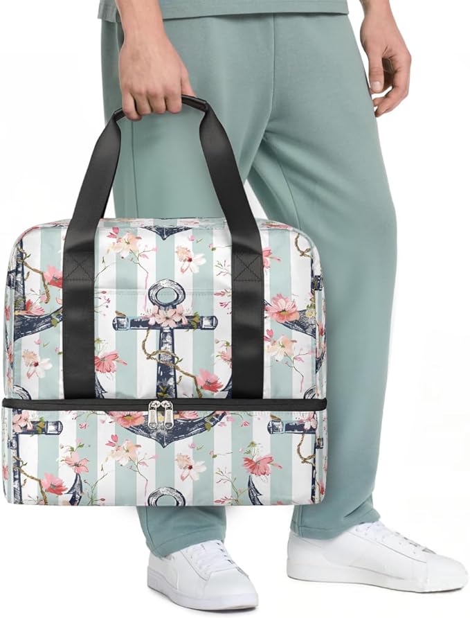 Vintage Anchor Flower Stripe Sports Tote Gym Bag for Women Men, Travel Duffel Bag with Shoe Compartment Large Capacity Workout Overnight Bag for Fitness Yoga Swimming Weekend