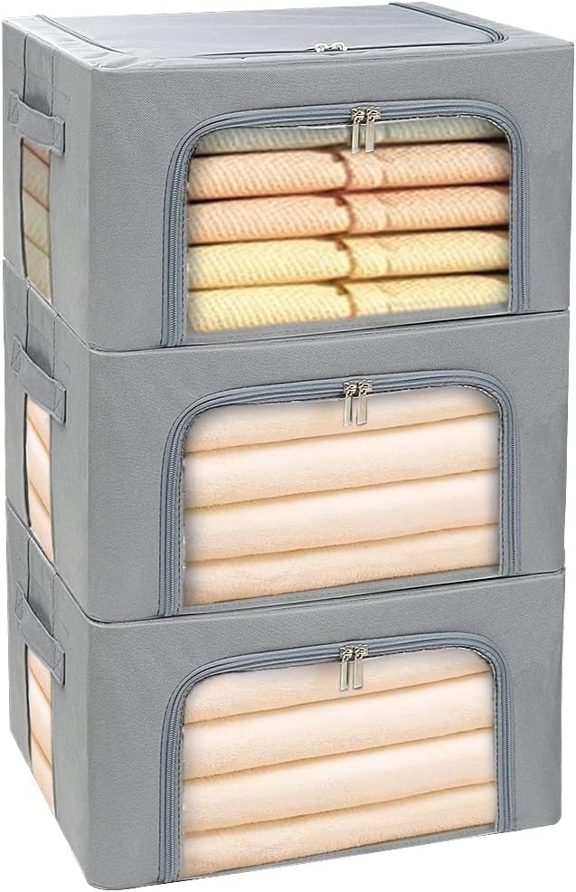 Stackable Clothes Storage Box for Clothing Gadgets,Steel Frame Storage Bins for Toys Gift,Foldable Oxford Fabric Closet Organizer Bag Set with Carry Handles Clear Window (Small- 22L x3 Pack, Grey)