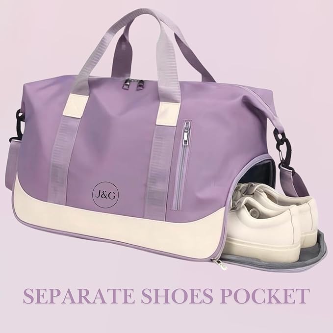 J&G Waterproof Gym Duffel Bag – Lightweight Travel & Sports Bag with Shoe Compartment and Wet Pocket for Men & Women – Carry-On Weekender for Gym, Beach, Trips – 8 Colors (Light Purple)