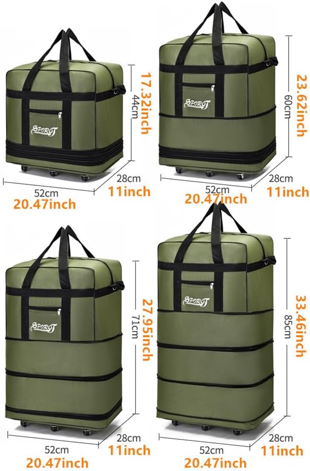 Expandable Extra Large Travel Oxford Duffel Bag with Wheels Waterproof Lightweight Traveling Foldable Suitcase (Brown, L - 6 wheels)