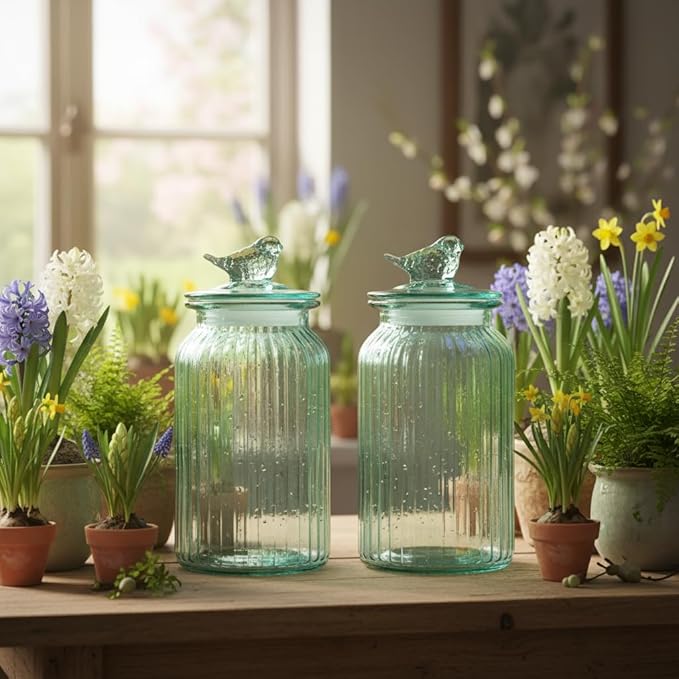 10 Strawberry Street Textured Glass Bird Canister, Ribbed Round, Blue, Set of 2