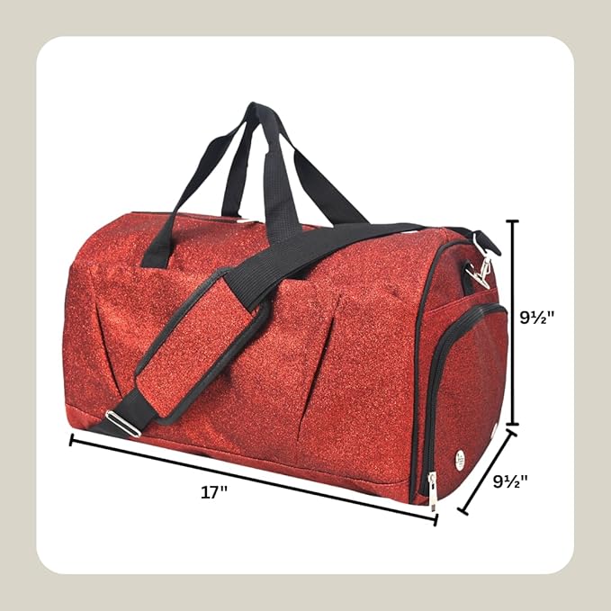 NGIL Glitter Cheers Sports Gym Duffel with Shoe Compartment and Small Carry on Travel Tote Bags for Women, Gym bag, Overnight bags for Women, Cheer Bag (Glitter-Red)