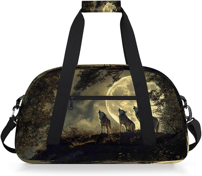 Travel Duffle Bag for travel duffle bag sports Girls Boys Kids Night Wolf Moon Lightweight Overnight Sleepover Weekender Bags Small Dance Gym Sport Bag Teens Carry-On Size Workout Bag