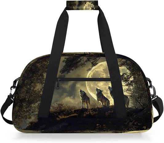 Travel Duffle Bag for travel duffle bag sports Girls Boys Kids Night Wolf Moon Lightweight Overnight Sleepover Weekender Bags Small Dance Gym Sport Bag Teens Carry-On Size Workout Bag