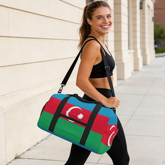 Flag of Azerbaijan Print Gym Bag with Shoe Compartment for Women Men, 17.7in Sports Duffle Weekender Tote, Overnight Travel Duffel Bag Carry On