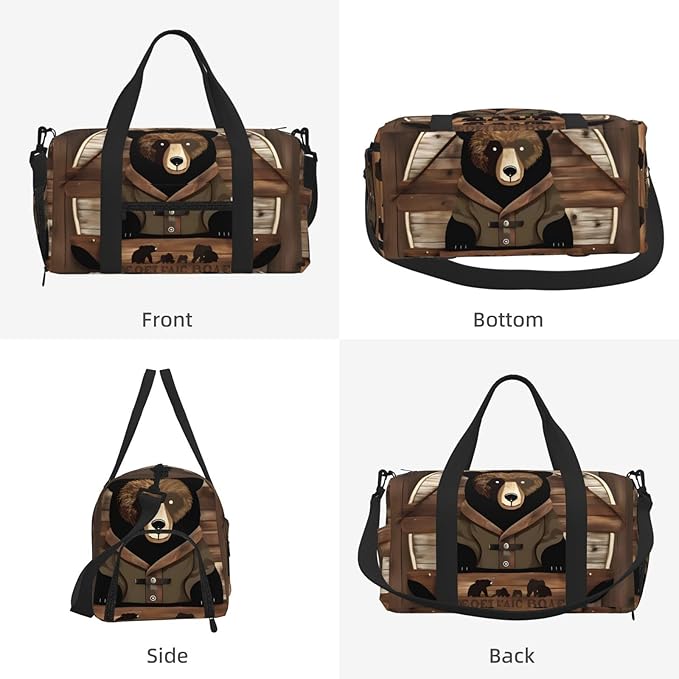 Rustic Lodge Bear Print Gym Bag with Shoe Compartment for Women Men, 17.7in Sports Duffle Weekender Tote, Overnight Travel Duffel Bag Carry On