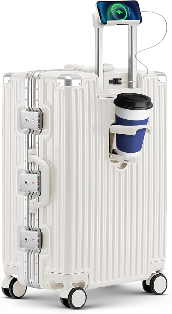 Zipperless Suitcase, 28 Inch Checked Luggage, Hardshell Aluminum Frame Polycarbonate Luggage with Phone Holder, Cup Holder, Charging Port, TSA Lock, Spinner Wheels for Vacations, White
