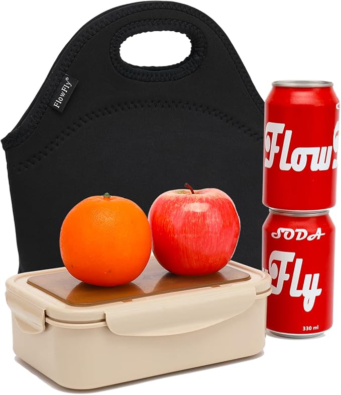 FlowFly Neoprene kids Lunch box Insulated Soft Bag Mini Cooler Thermal Meal Tote Kit for Boys, Girls,Men,Women,School,Work, Office,Black