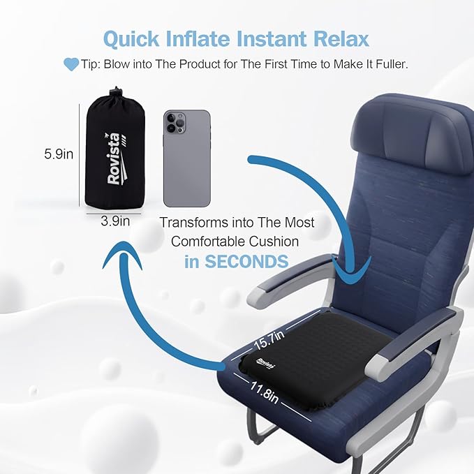 Self-Inflating Airplane Seat Cushion for Long Flights – Portable Travel Cushion Airplane Seat - Memory Foam Travel Seat Cushion Providing Pressure Relief (Black, 15.7" x 11.8" x 2")