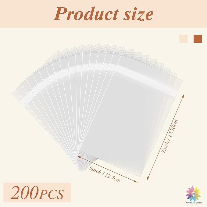 Mat Board Center, (200 Pack) 5 1/4" x 7 1/8" Clear Resealable Plastic Sleeves, Self Sealing Polypropylene Bags Fits 5x7 Prints, Photos, Cards & Envelopes
