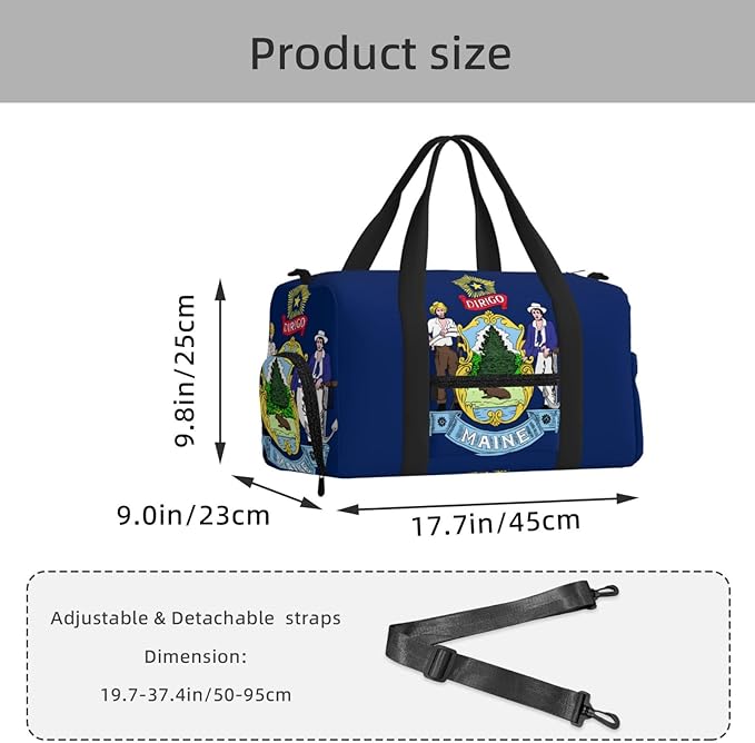 Maine State Flag Print Gym Bag with Shoe Compartment for Women Men, 17.7in Sports Duffle Weekender Tote, Overnight Travel Duffel Bag Carry On