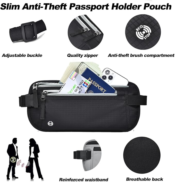 Travel Money Belt RFID Blocking - Slim Anti-Theft Passport Holder Pouch for Men & Women,Adjustable Waist Wallet with Secure Zipper (Khaki)