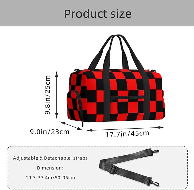 Checkered Flag Red Black Women'S Gym Duffle Bag With Shoes Compartment, Ideal For Travel, Gym, Sports, Duffel, Weekender