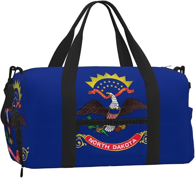 North Dakota State Flag Print Gym Bag with Shoe Compartment for Women Men, 17.7in Sports Duffle Weekender Tote, Overnight Travel Duffel Bag Carry On