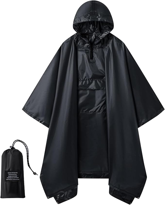 Hooded Rain Poncho for Adults - Waterproof Rain Coat and Lightweight Jacket 3-in-1 Multi-Function with Pockets