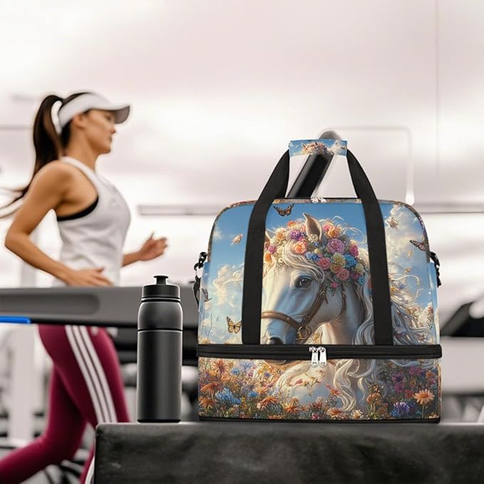 Foldable Travel Duffel Bag for Women - Carry on Personal Item Bag with Shoes Compartment, Weekender Overnight Duffle Bags Sport Tote Gym Luggage for Airplanes Traveling(Flower Horse)