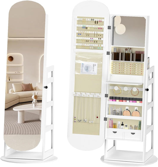 RQZ 8 LEDs Jewelry Cabinet Armoire Standing, 360° Swivel Jewelry Organizer, Lockable Jewelry Storage with Rounded Wide Full-Length Mirror, 4 Storage Shelves, Interior Mirror (61.4" H)