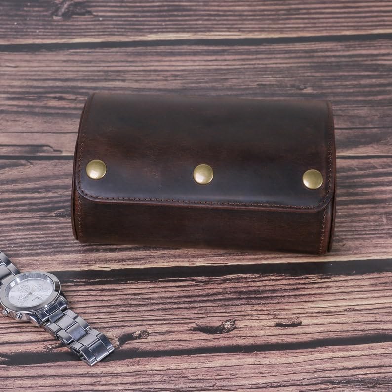 Genuine Leather Watch Roll Travel Case,2 Slots Vintage Full Grain Leather Watch Box with Pillow for Men,Watch Storage Organizer for Home Storage,Anniversary Birthday Christmas Gift