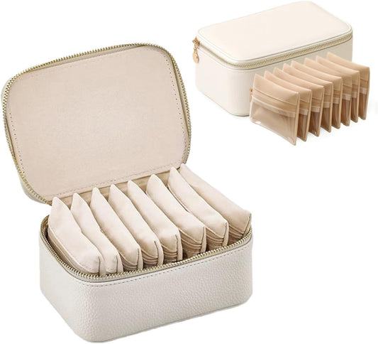 Jewelry Box Organizer for Women,Small Travel Jewelry Case,Mini Travel Jewelry Organizer with 8 Velvet Jewelry Zipper Pouches, Jewelry Box Organizer for Teacher Gifts Wedding Gifts(Off White)