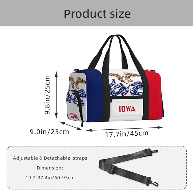 Iowa state flag Print Gym Bag with Shoe Compartment for Women Men, 17.7in Sports Duffle Weekender Tote, Overnight Travel Duffel Bag Carry On
