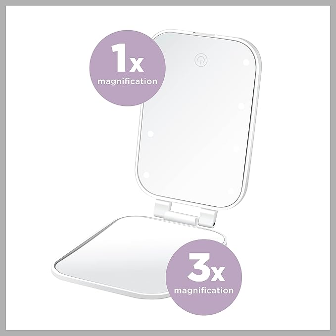 Conair Lighted Makeup Mirror, LED Vanity Mirror, 1X/3X Magnifying Mirror, Compact Travel Mirror, Battery Operated in White