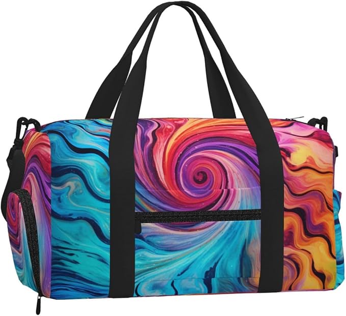Sports Gym Bag Colorful Tie Dye Swirl Pattern Art Pinting Travel Duffel Bag With Shoe Compartment Shoulder Strap, Lightweight Water-Resistant Weekend Overnight Totes For Women Men